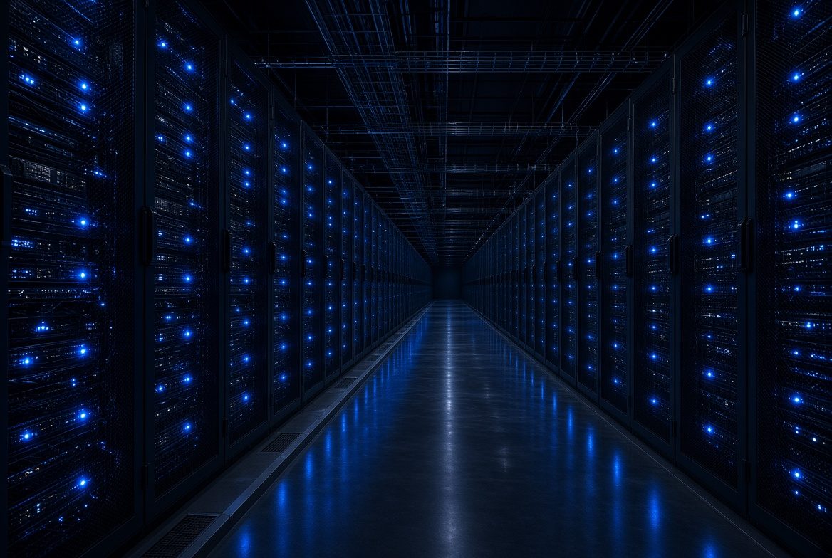 Rows of server racks in a dark data center
